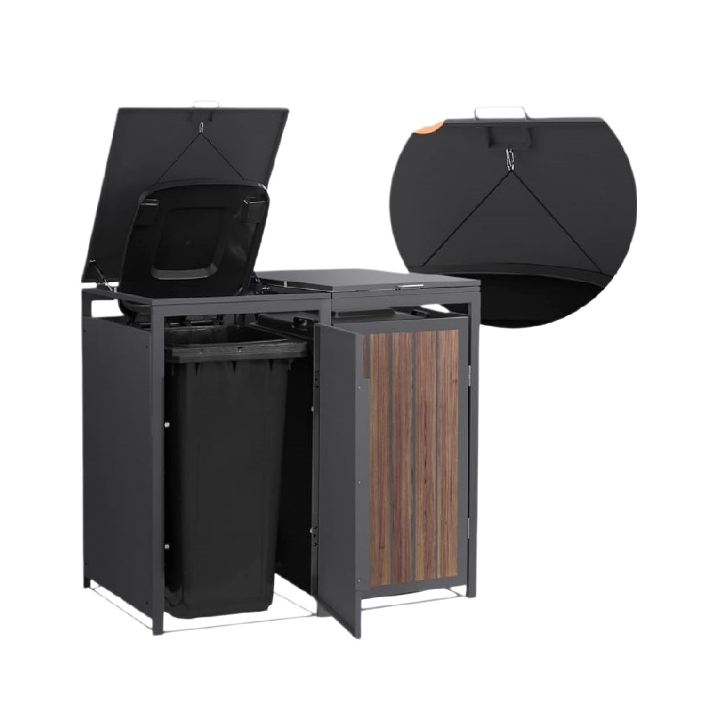 Eleganter Mülltrennungsbehälter mit Holzverkleidung und klappbarem Deckel